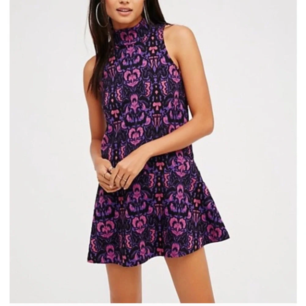 High-Neck Purple Patterned Sleeveless A-Line Dress